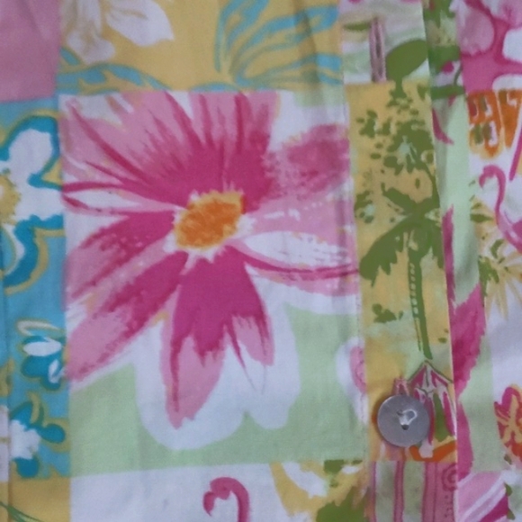 Palm Lilly Patchwork Resort Flamingo Boat Print Button 3/4 Sleeve Blouse, Size 6 - Picture 12 of 16